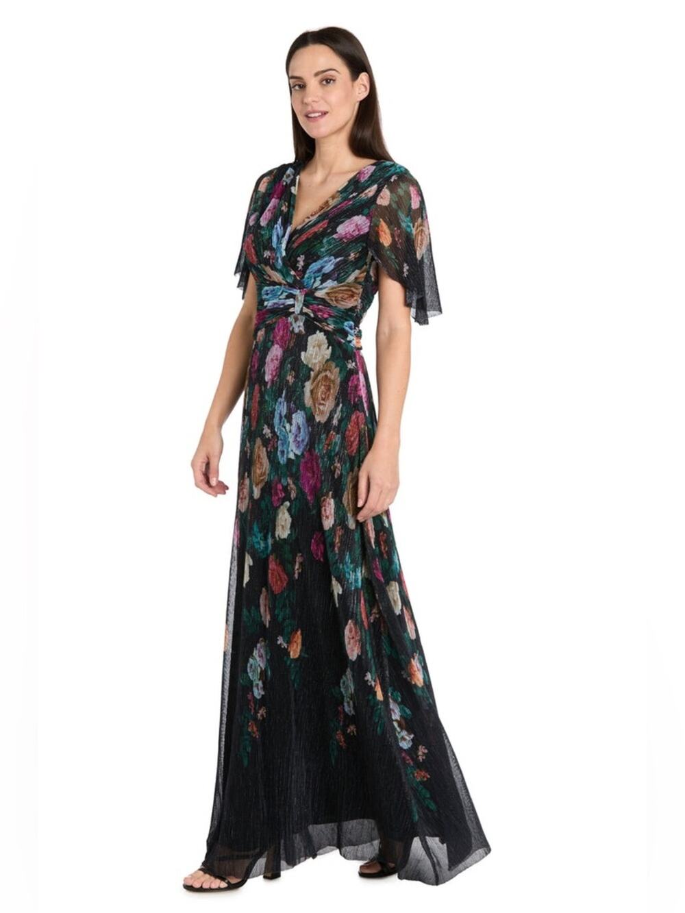 R&M Richards Enchanted Garden Formal Evening Gown Black Floral Shimmer 12P